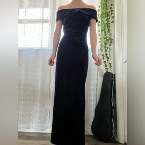 Xscape Navy Velvet Off the Shoulder Back Slit size 6